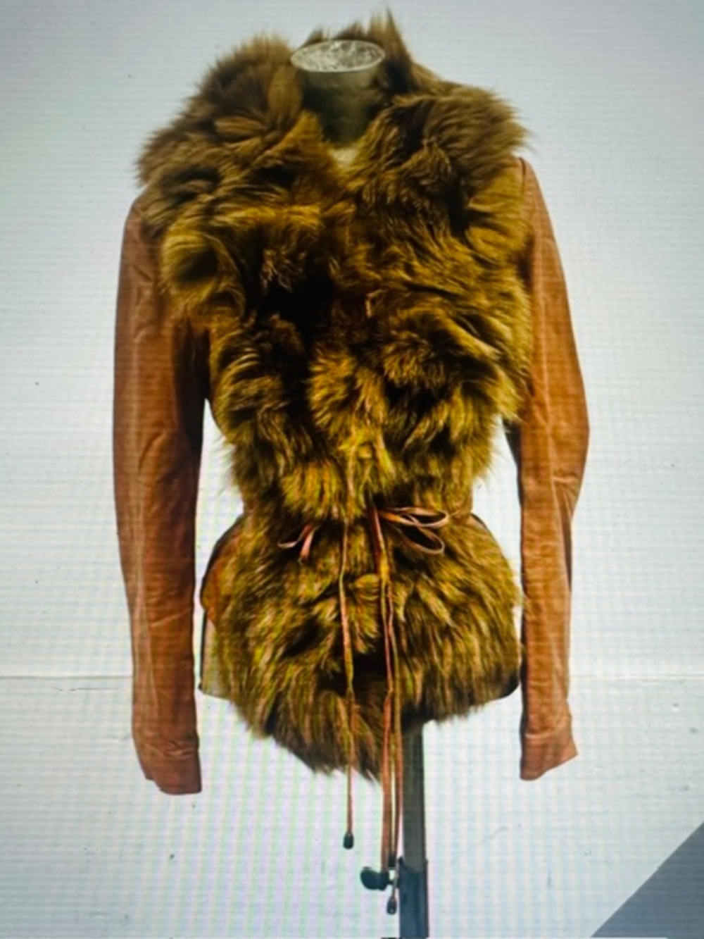Vintage Honey Brown Fox Fur and Leather Tie Waist Y2K Jacket